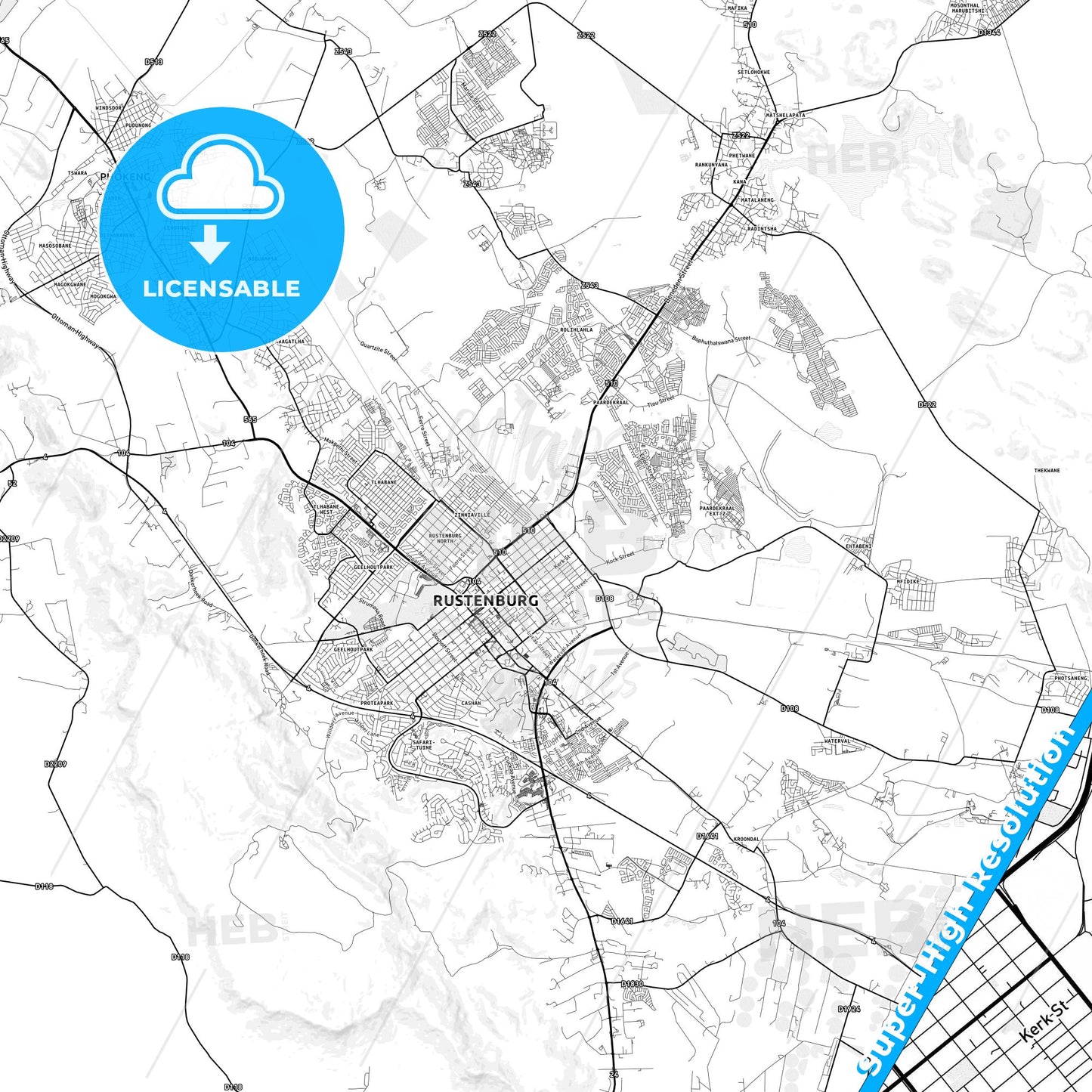 Rustenburg, South Africa light map with streetnames, citynames and districts