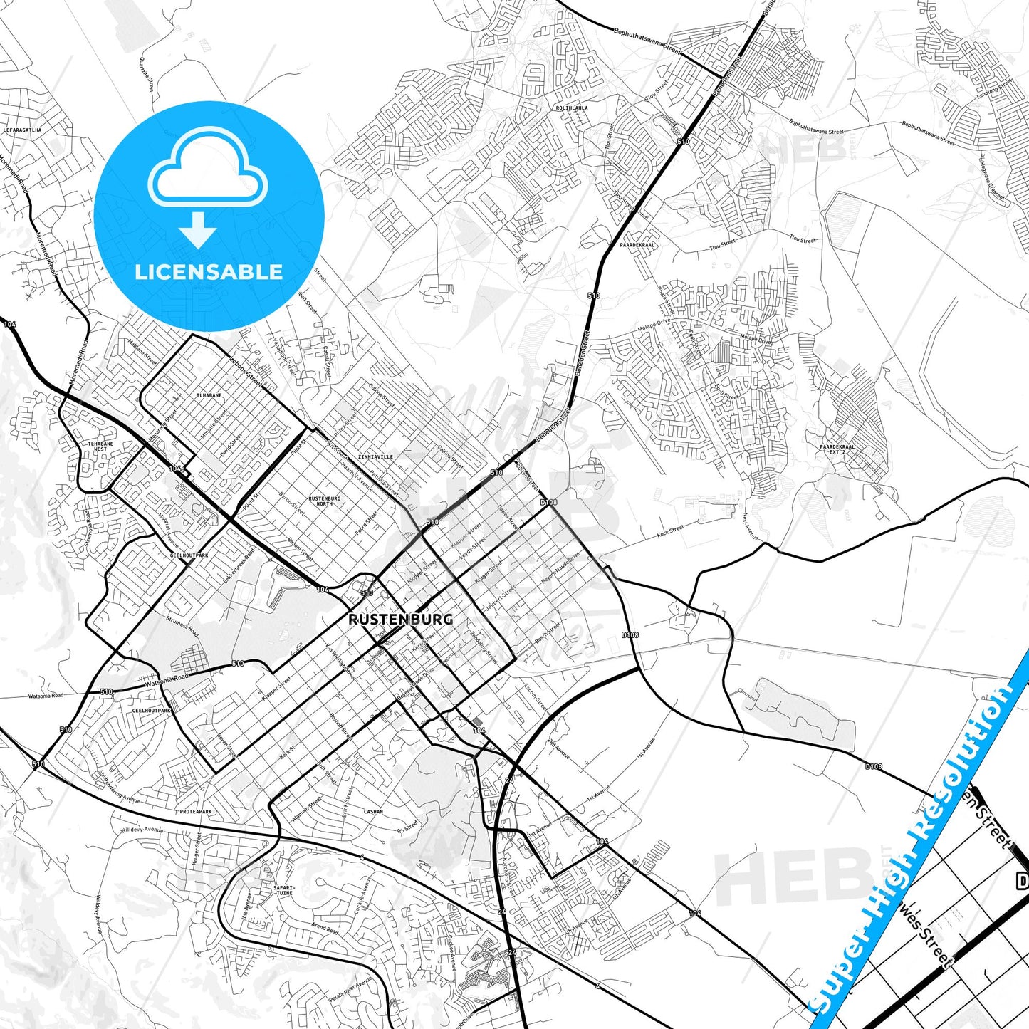 Rustenburg, South Africa Light Map with Street Names, City Names, and Districts