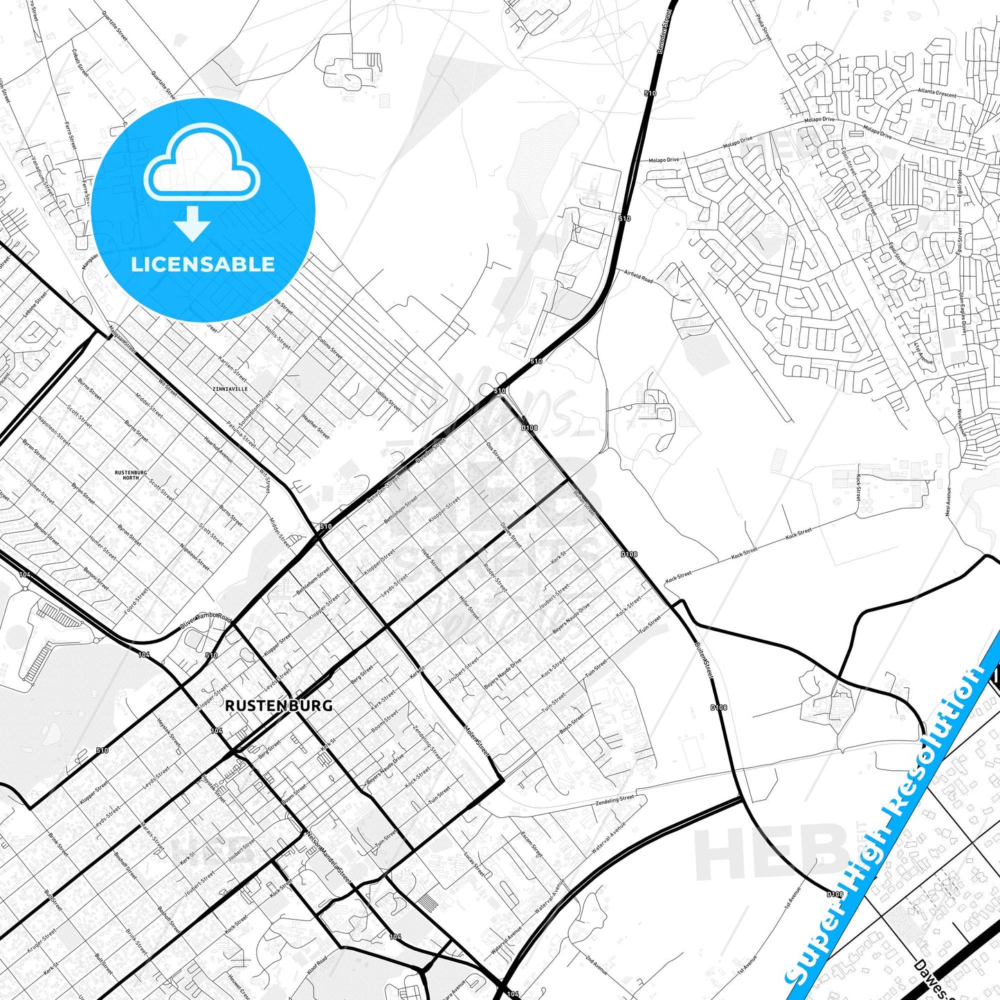 Rustenburg, South Africa Light Map with Street Names, City Names, and Districts