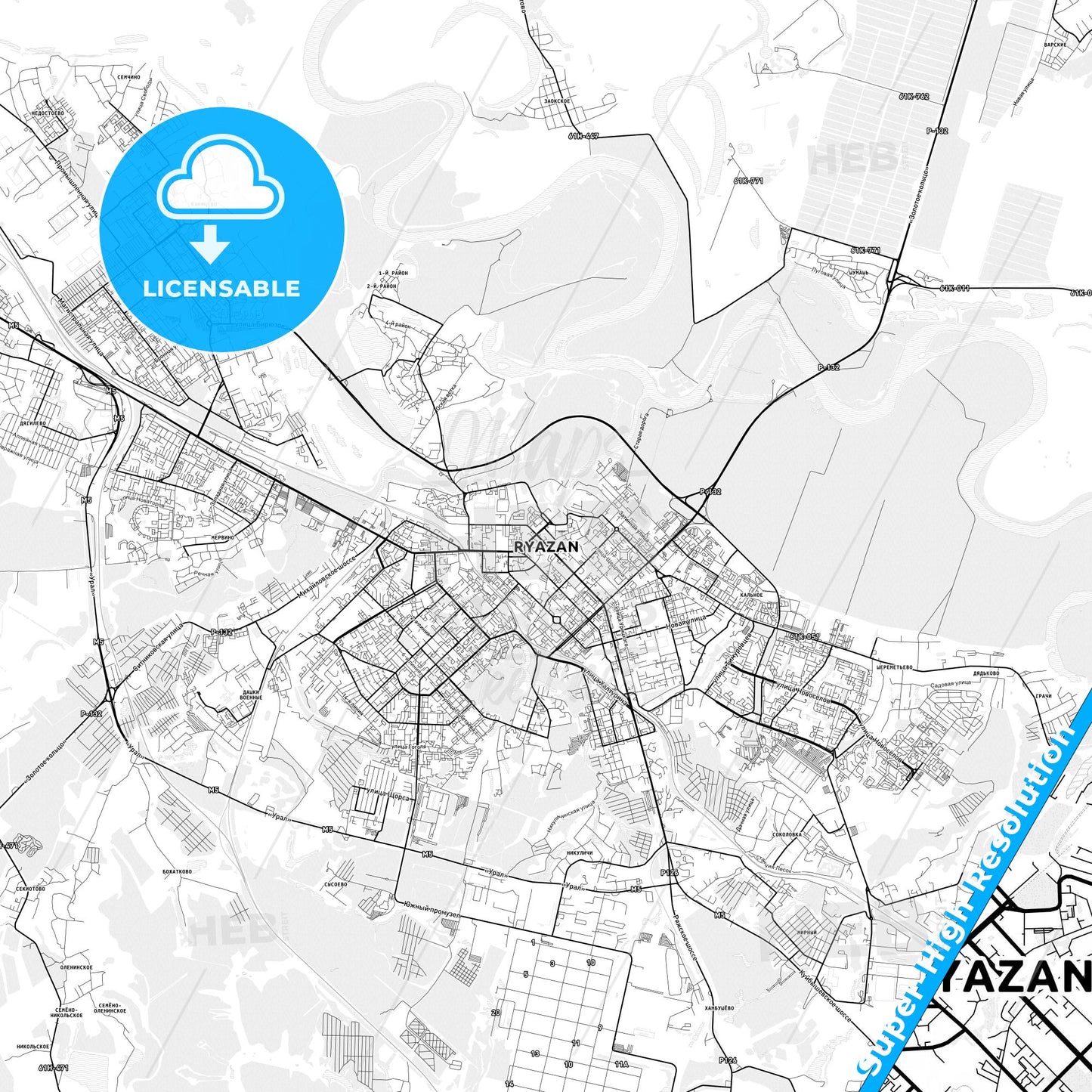 Ryazan, Russia light map with streetnames, citynames and districts