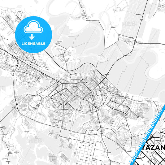 Ryazan, Russia light map with streetnames, citynames and districts