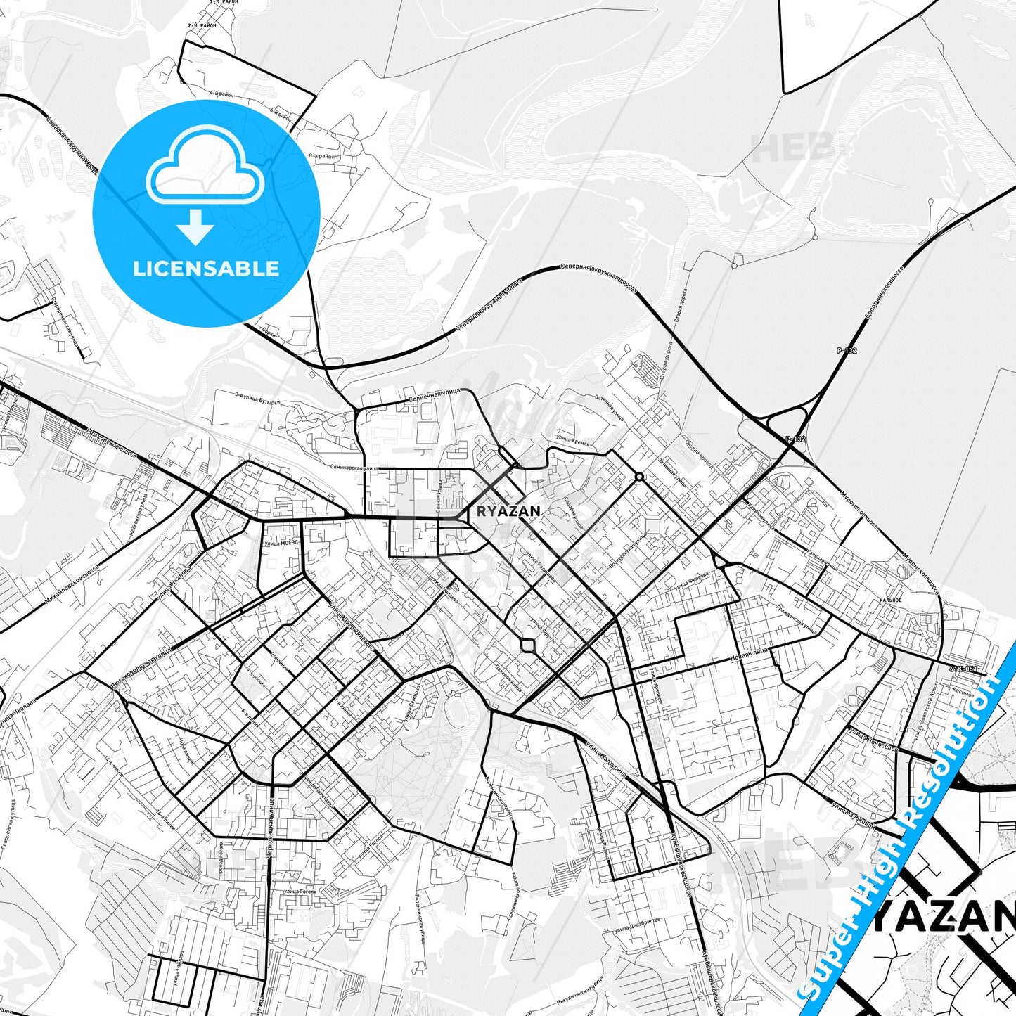 Ryazan, Russia Light Map with Street Names, City Names, and Districts