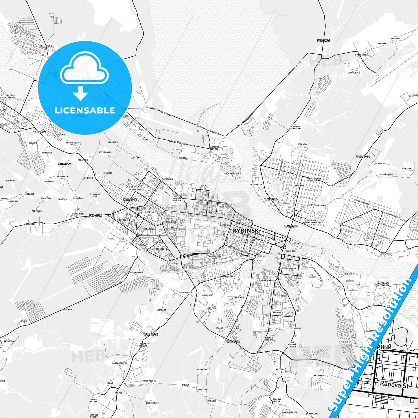 Rybinsk, Russia light map with streetnames, citynames and districts