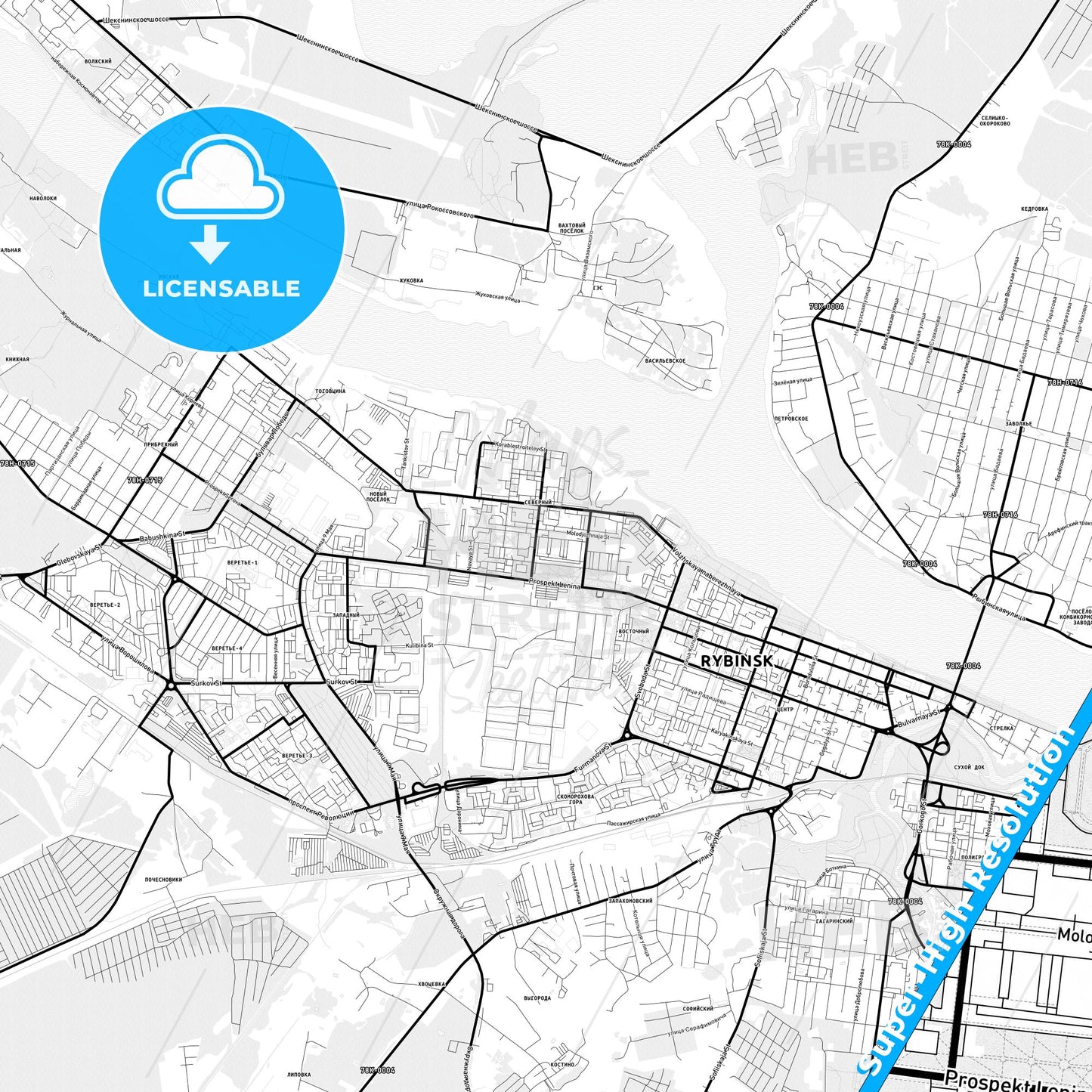 Rybinsk, Russia Light Map with Street Names, City Names, and Districts