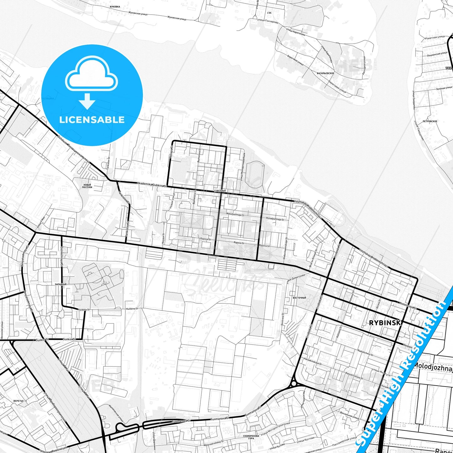 Rybinsk, Russia Light Map with Street Names, City Names, and Districts