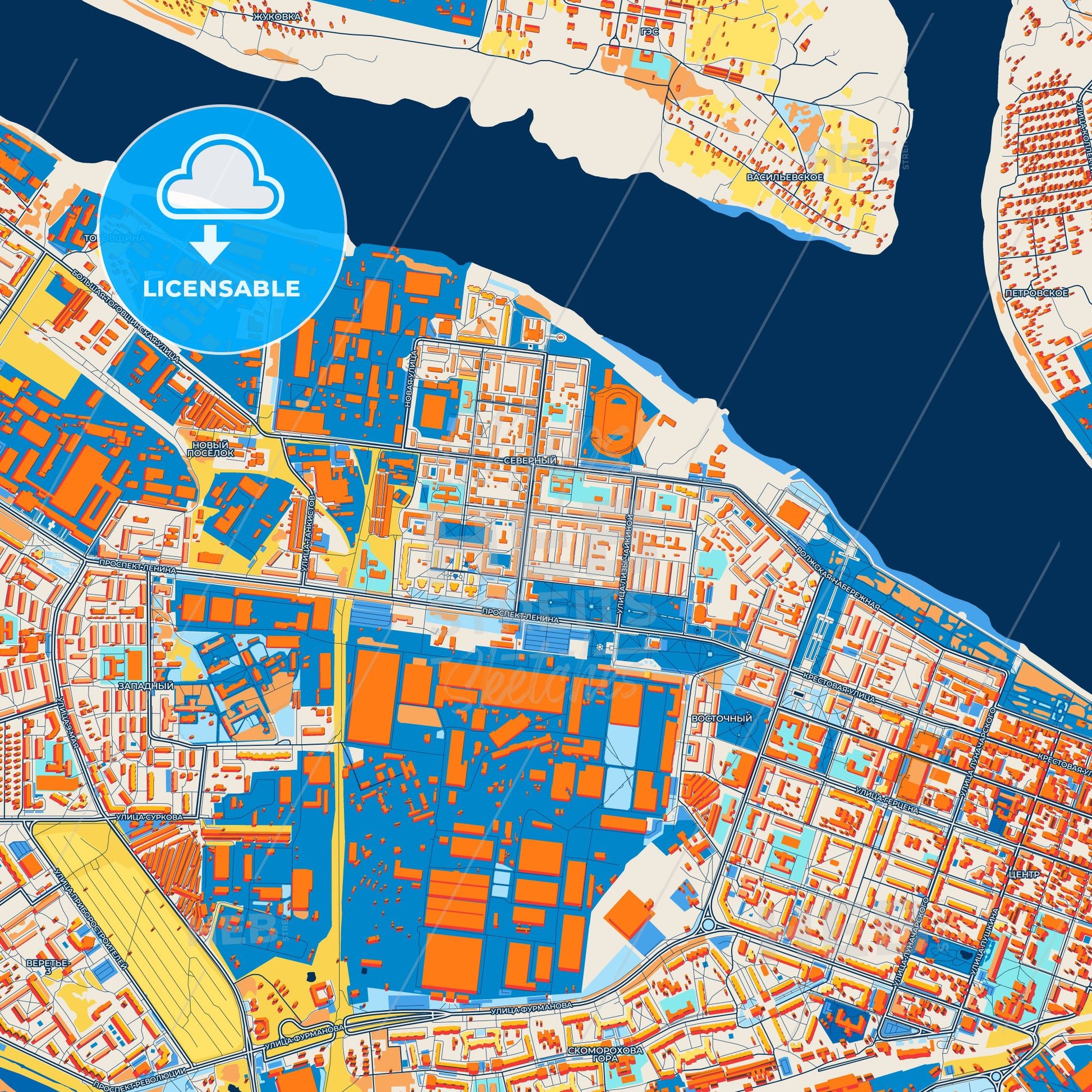 Colorful Rybinsk Street Map with Labels and Buildings