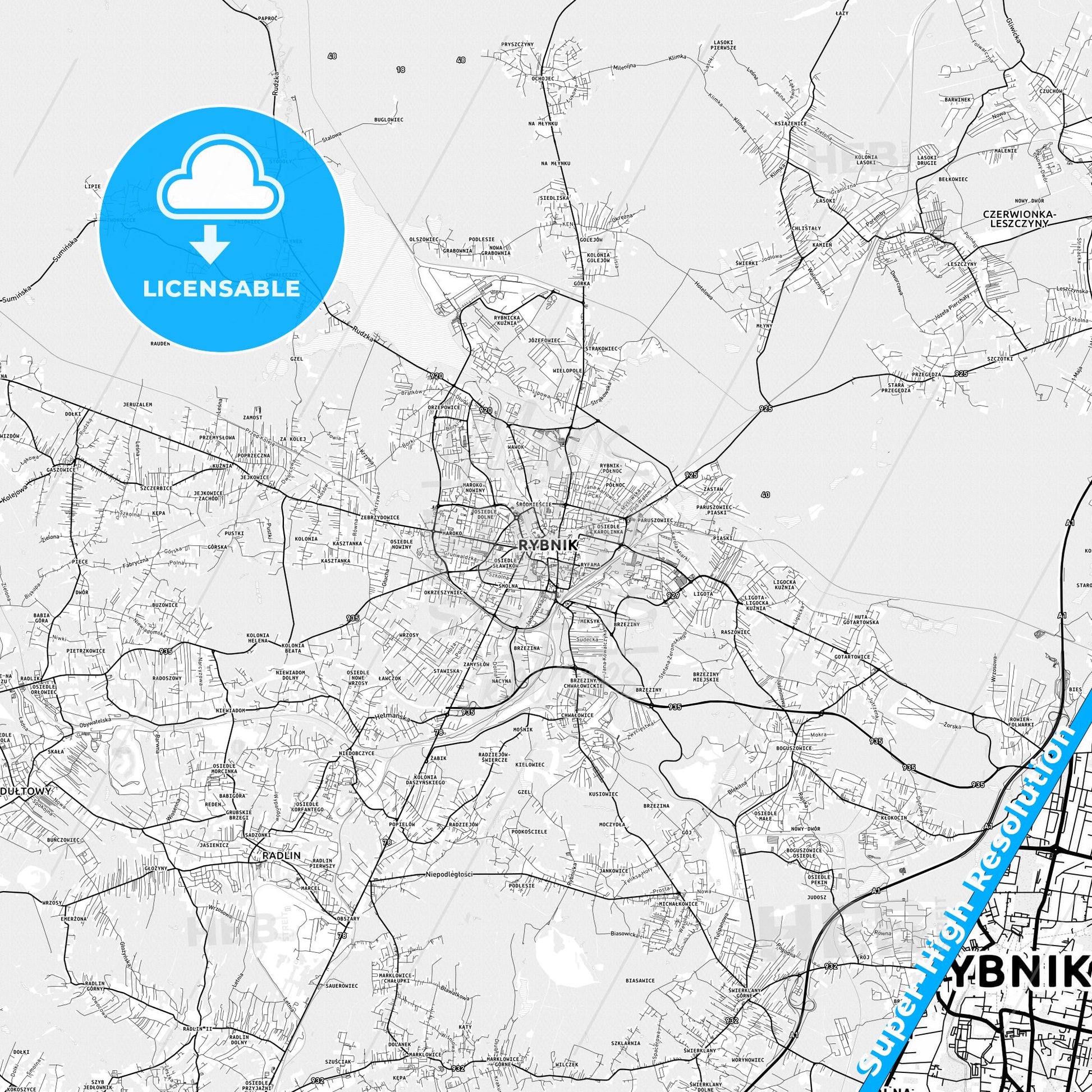 Rybnik, Poland light map with streetnames, citynames and districts