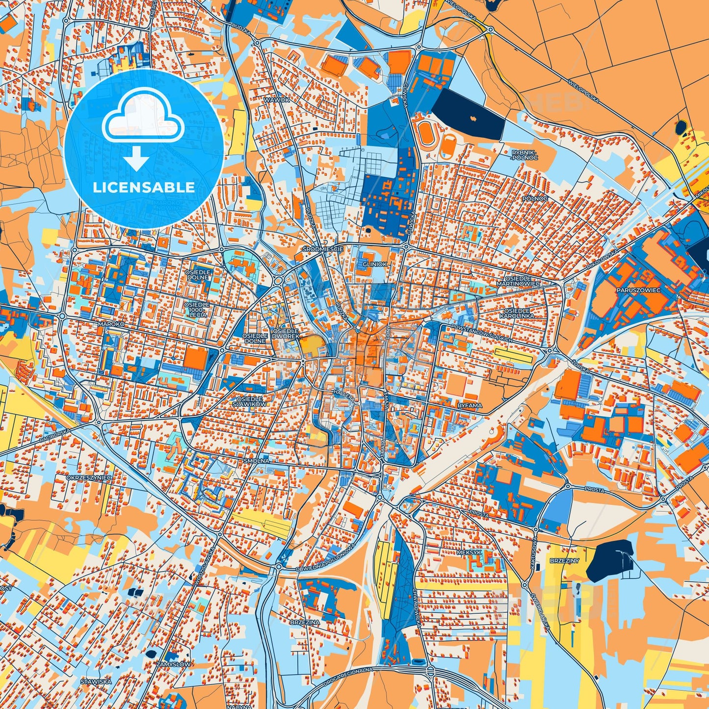 Colorful Rybnik Street Map with Labels and Buildings