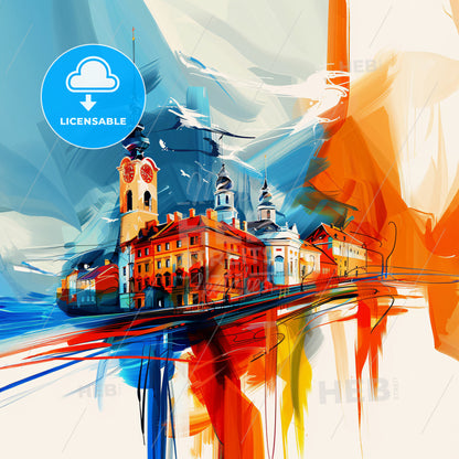 Vibrant Rybnik, Poland - A Painting Of A Building With A Tower