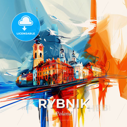 Vibrant Rybnik, Poland - A Painting Of A Building With A Tower - Square format print template