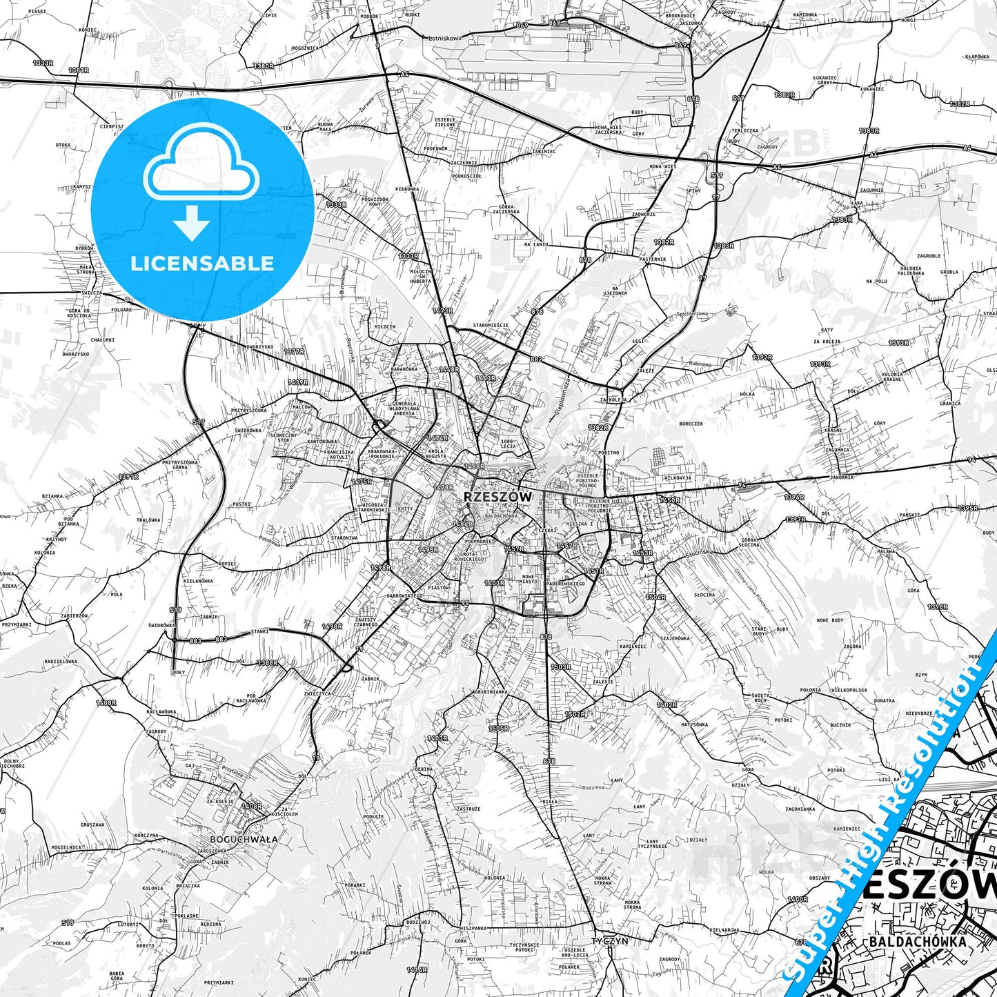 Rzeszów, Poland light map with streetnames, citynames and districts