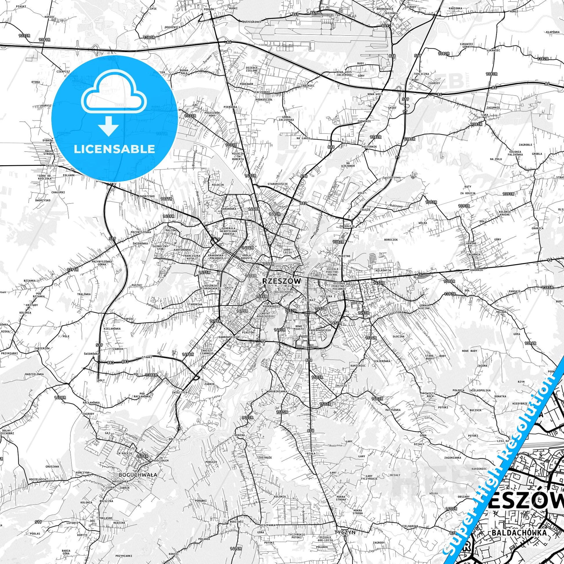 Rzeszów, Poland light map with streetnames, citynames and districts
