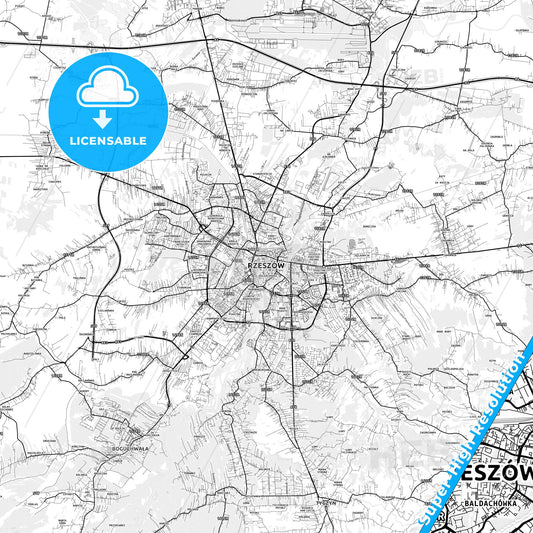 Rzeszów, Poland light map with streetnames, citynames and districts