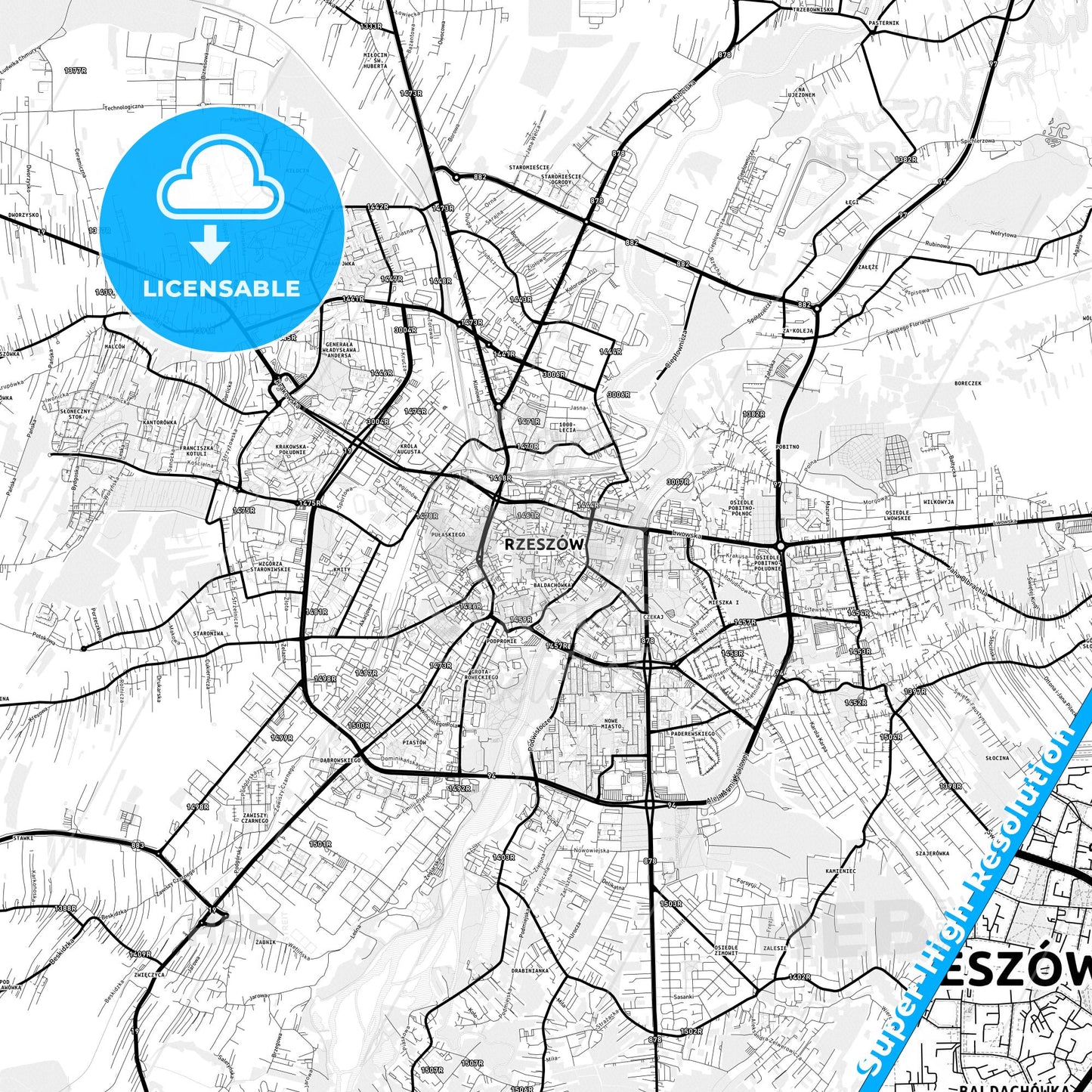 Rzeszów, Poland Light Map with Street Names, City Names, and Districts