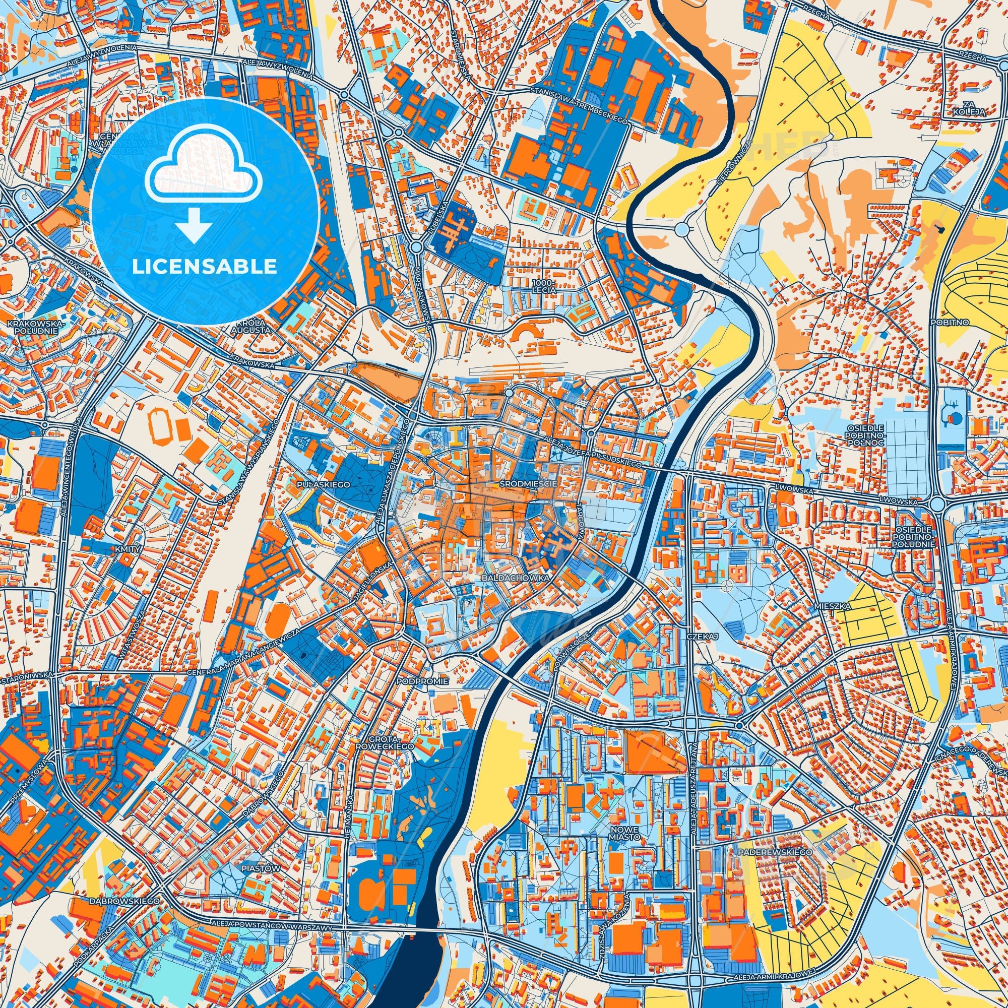 Colorful Rzeszów Street Map With Labels And Buildings – HEBSTREITS