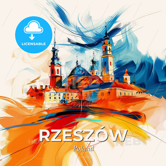 Vibrant Rzeszów, Poland - A Painting Of A Building With Towers - Square format print template