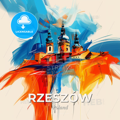 Vibrant Rzeszów, Poland - A Painting Of A Building With Towers - Square format print template
