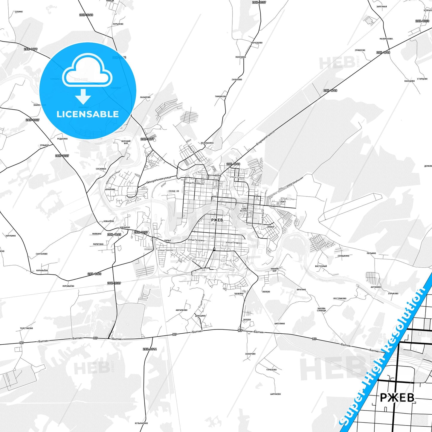 Rzhev, Russia light map with streetnames, citynames and districts