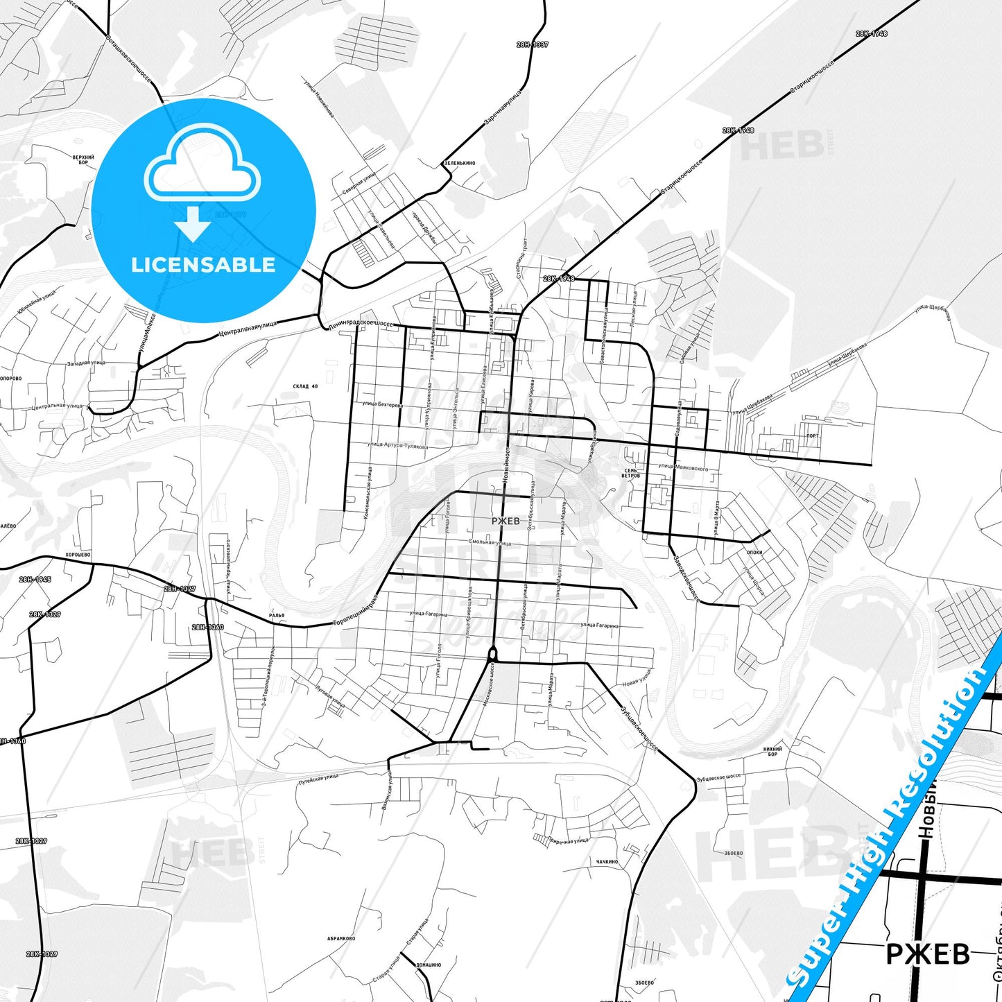 Rzhev, Russia Light Map with Street Names, City Names, and Districts
