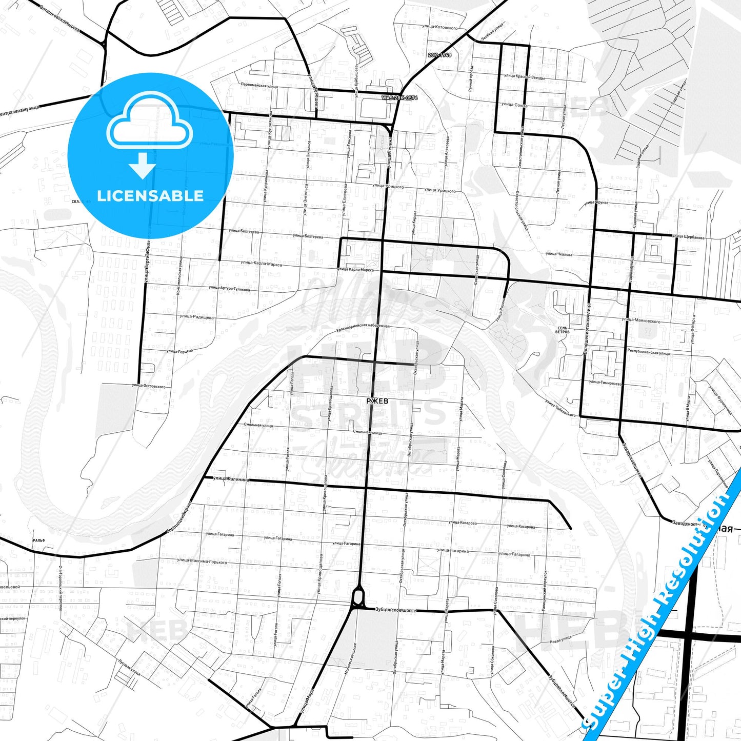 Rzhev, Russia Light Map with Street Names, City Names, and Districts