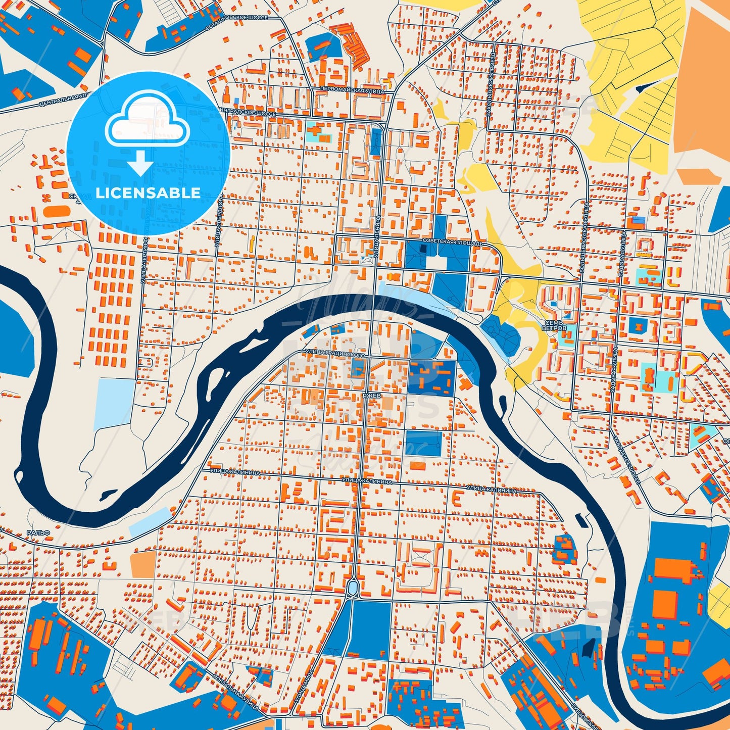 Colorful Rzhev Street Map with Labels and Buildings