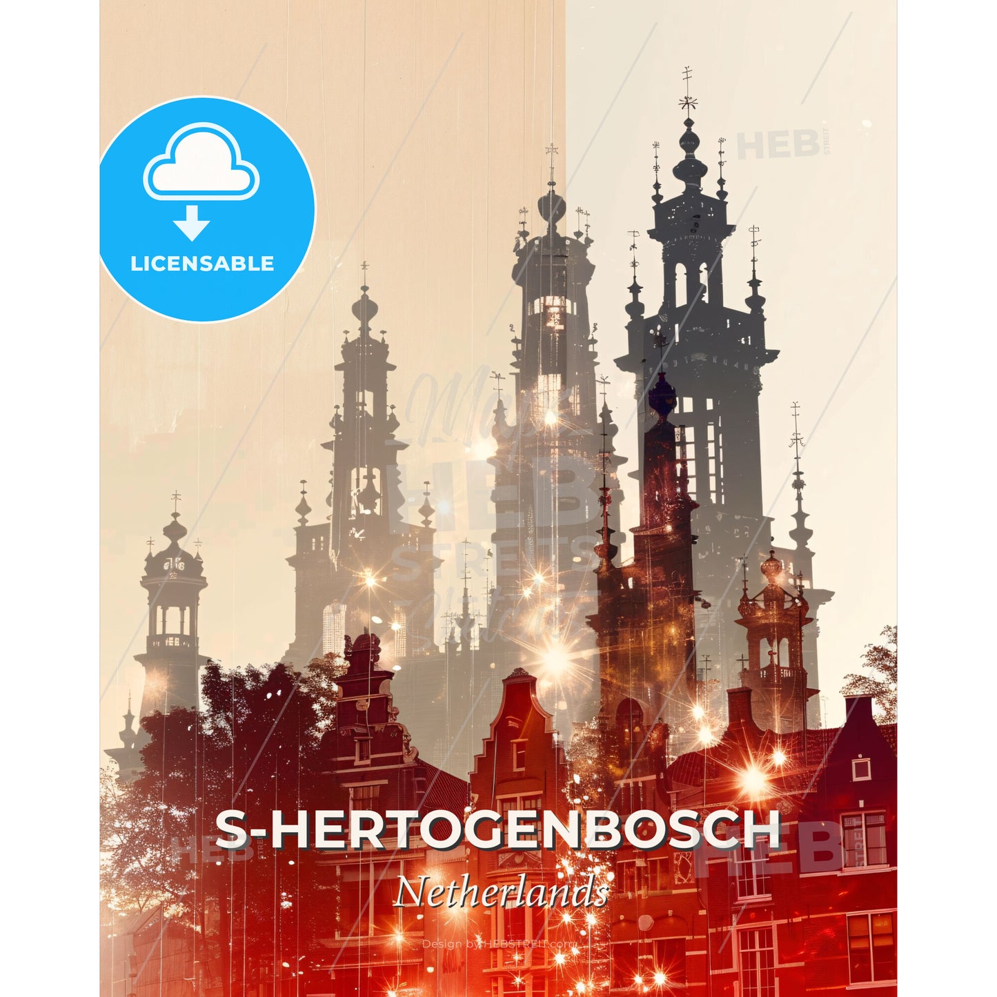 s-Hertogenbosch Skyline Dreamy Beige Wall Art - A silhouette of a building with towers and trees - Square format print template