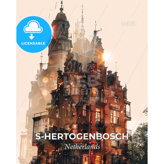 s-Hertogenbosch Skyline Poster: City Icon Composite - A building with many windows - Square format print template