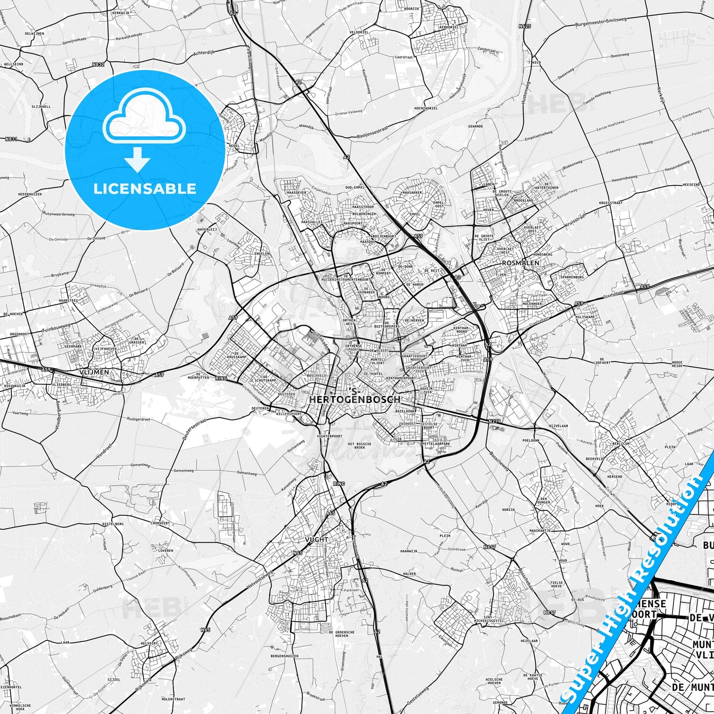 s-Hertogenbosch, Netherlands light map with streetnames, citynames and districts