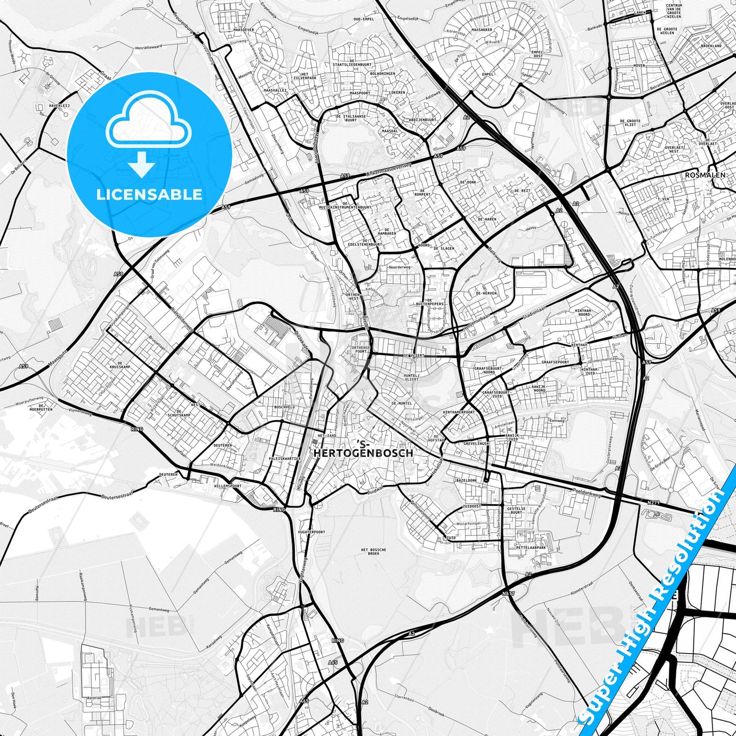s-Hertogenbosch, Netherlands Light Map with Street Names, City Names, and Districts