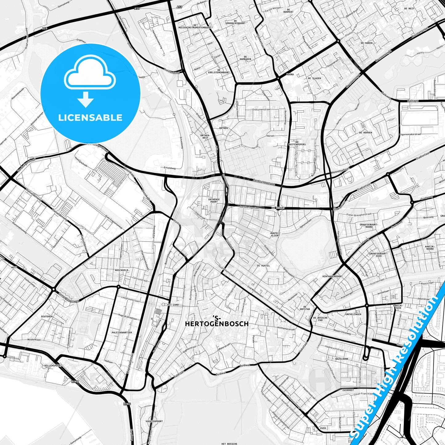 s-Hertogenbosch, Netherlands Light Map with Street Names, City Names, and Districts