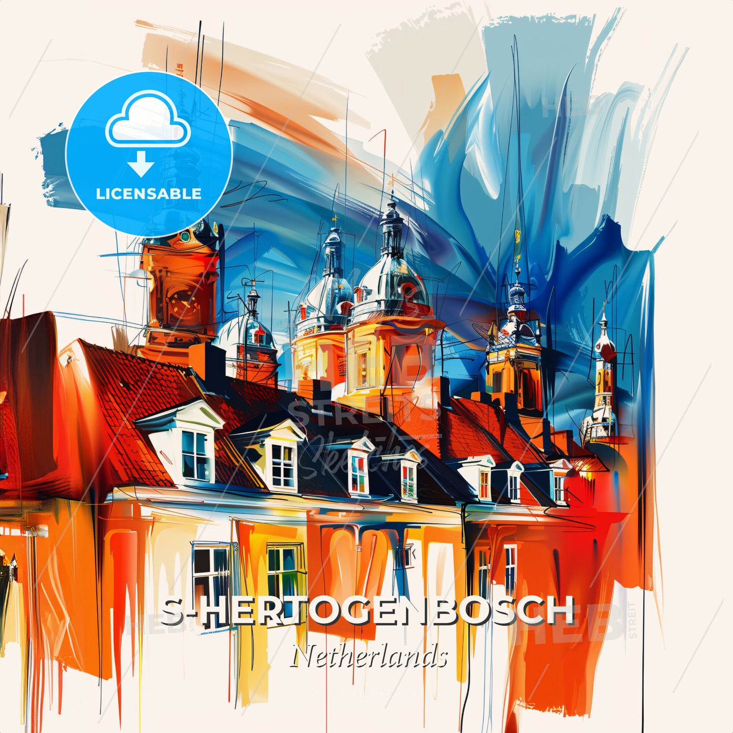 Vibrant S-Hertogenbosch, Netherlands - A Painting Of A Building With Towers And A Red Roof - Square format print template