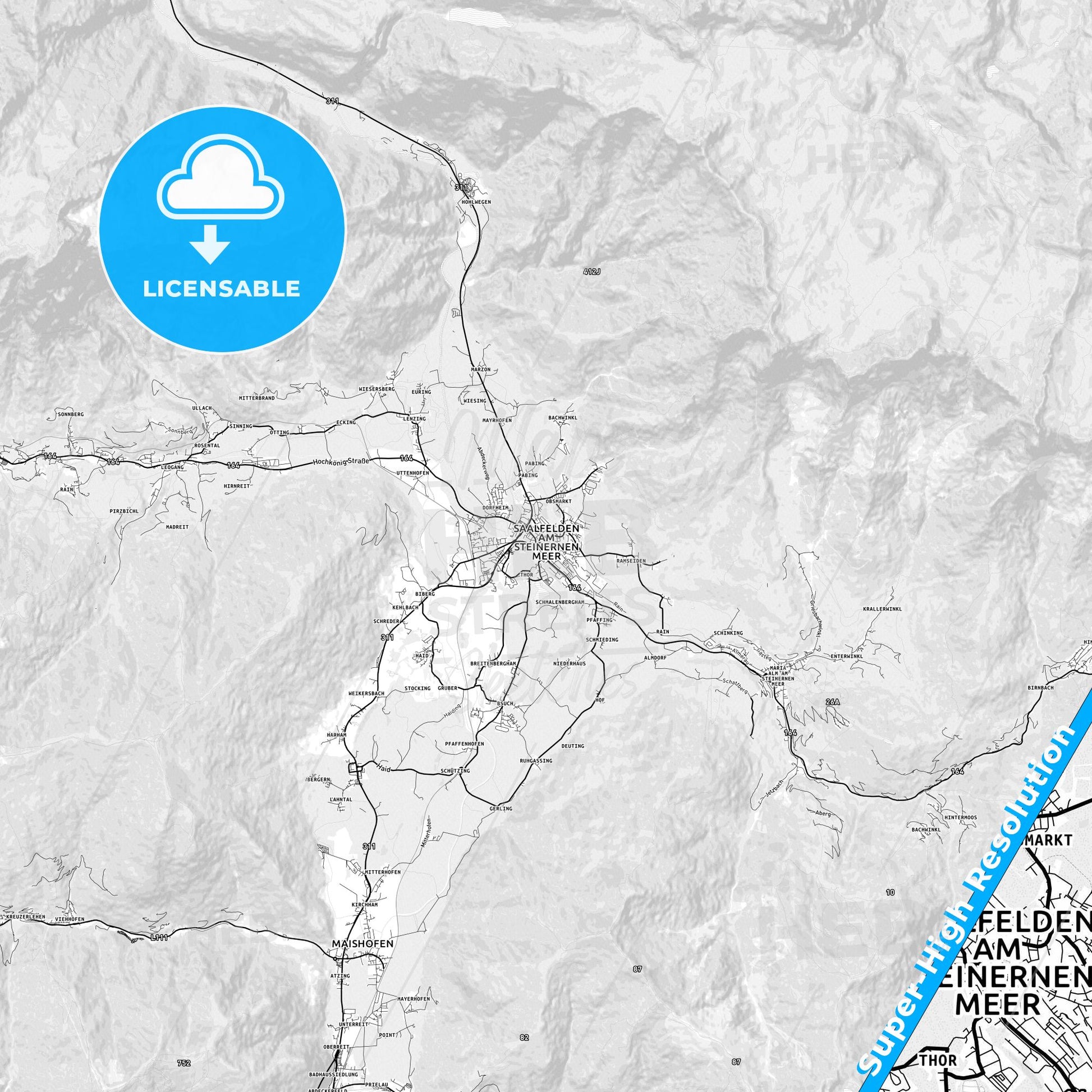 Saalfelden, Austria light map with streetnames, citynames and districts