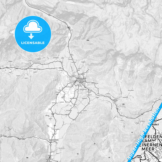 Saalfelden, Austria light map with streetnames, citynames and districts