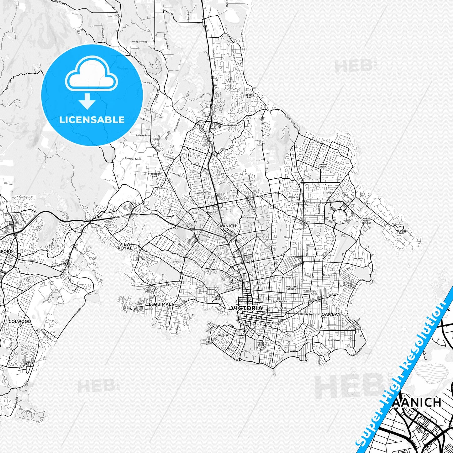 Saanich, Canada light map with streetnames, citynames and districts