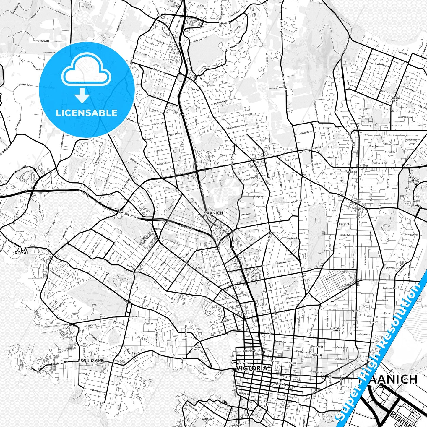 Saanich, Canada Light Map with Street Names, City Names, and Districts