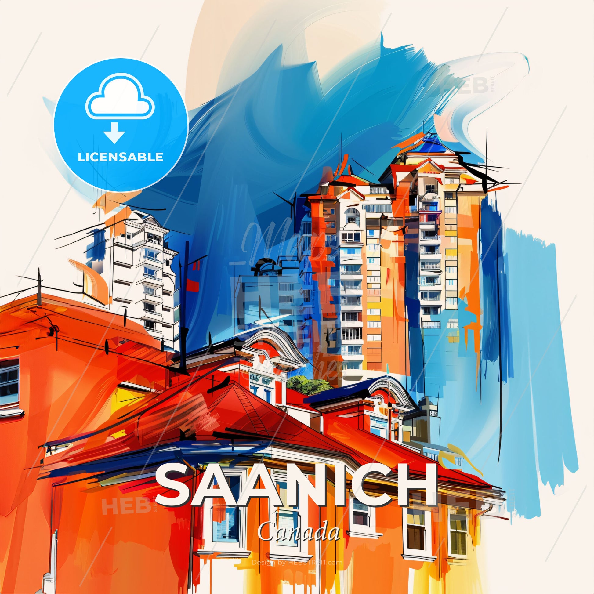 Vibrant Saanich, Canada - A Painting Of Buildings And A City - Square format print template