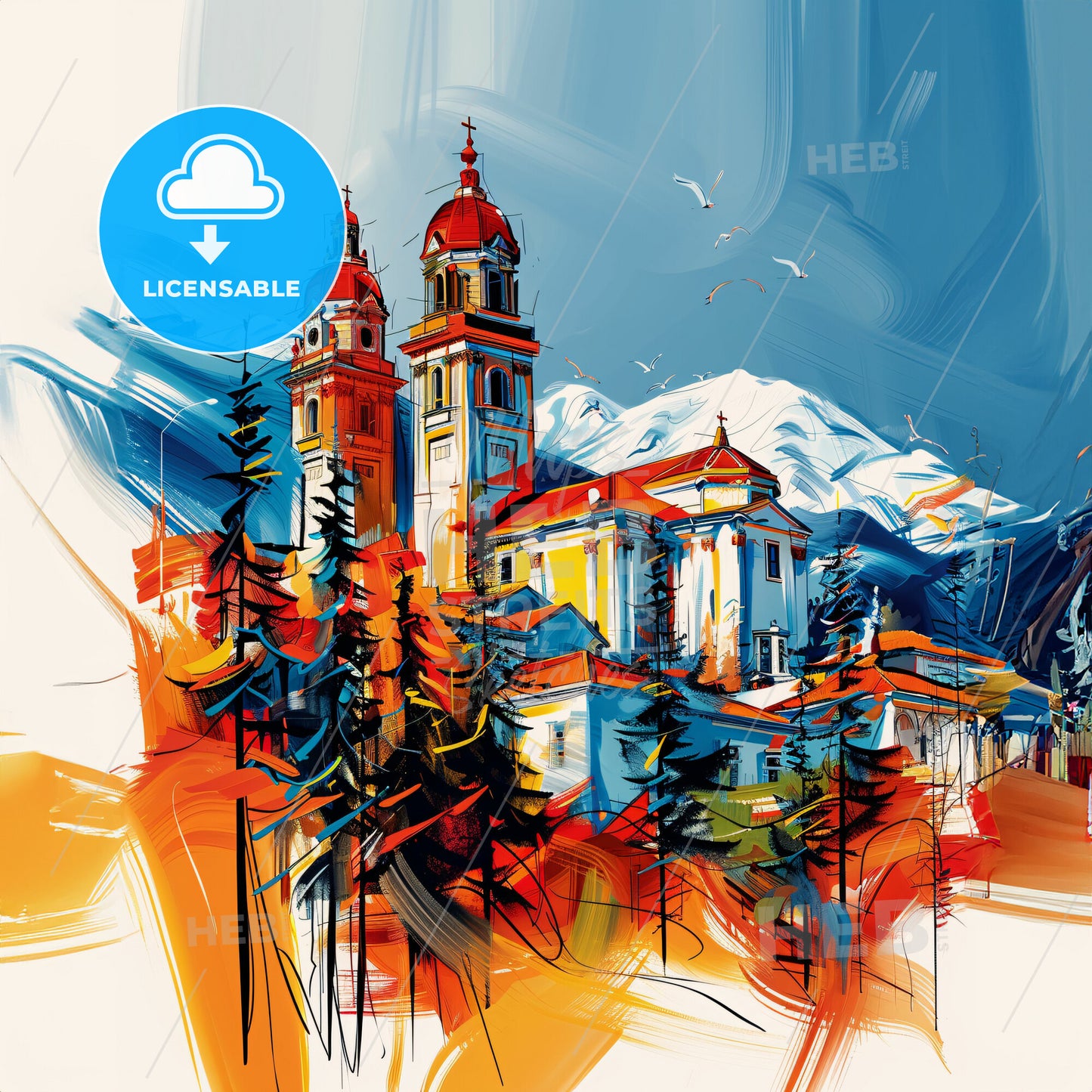 Vibrant Saanich, Canada - A Painting Of A Building With Trees And Mountains In The Background