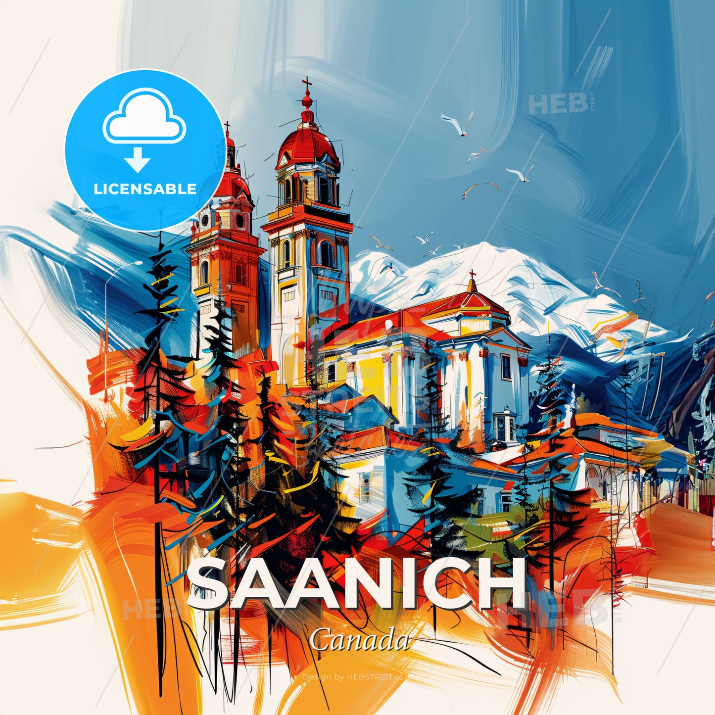 Vibrant Saanich, Canada - A Painting Of A Building With Trees And Mountains In The Background - Square format print template