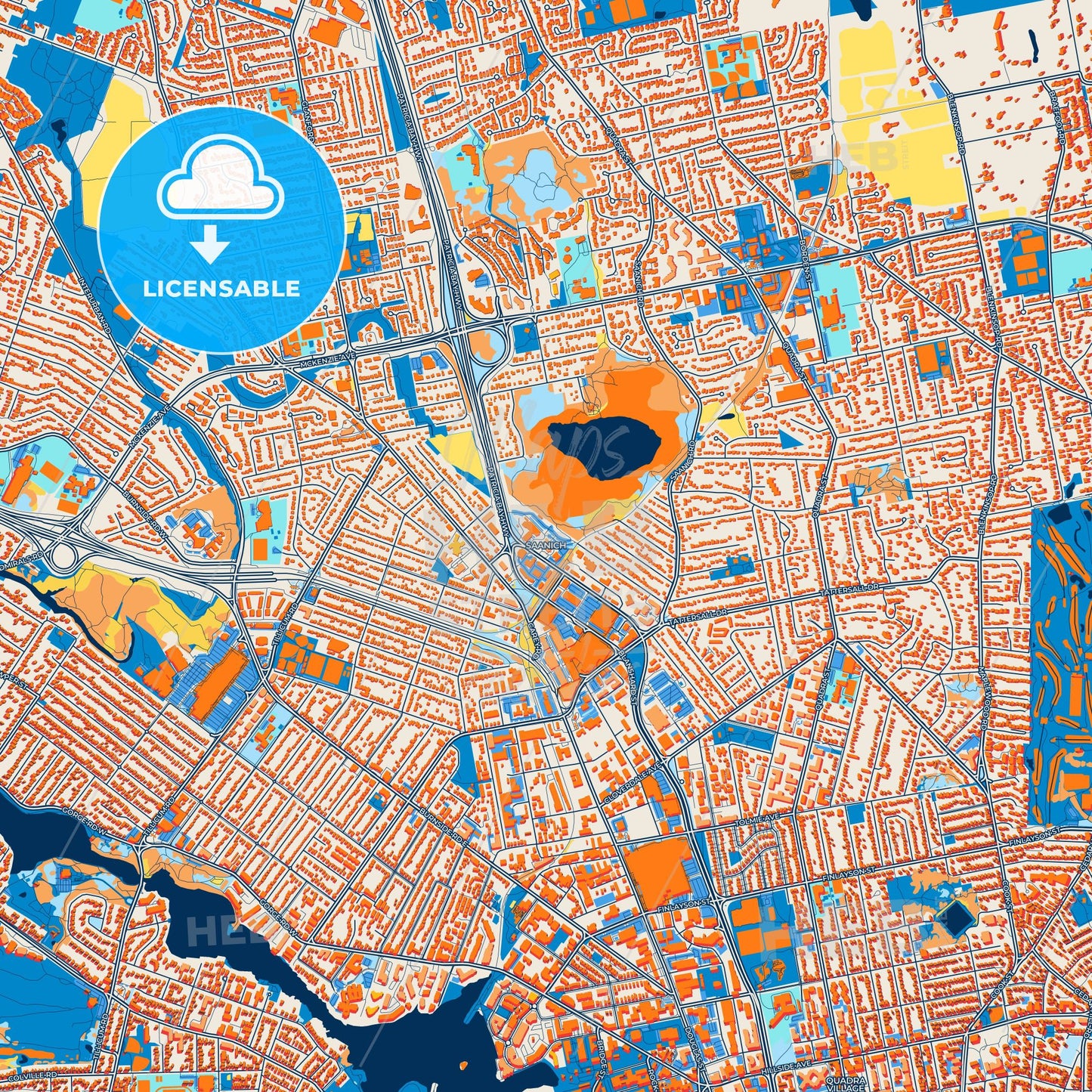 Colorful Saanich Street Map with Labels and Buildings
