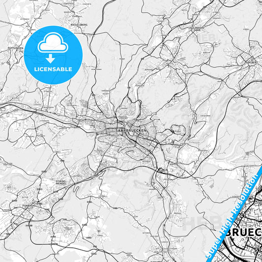 Saarbrucken, Germany light map with streetnames, citynames and districts