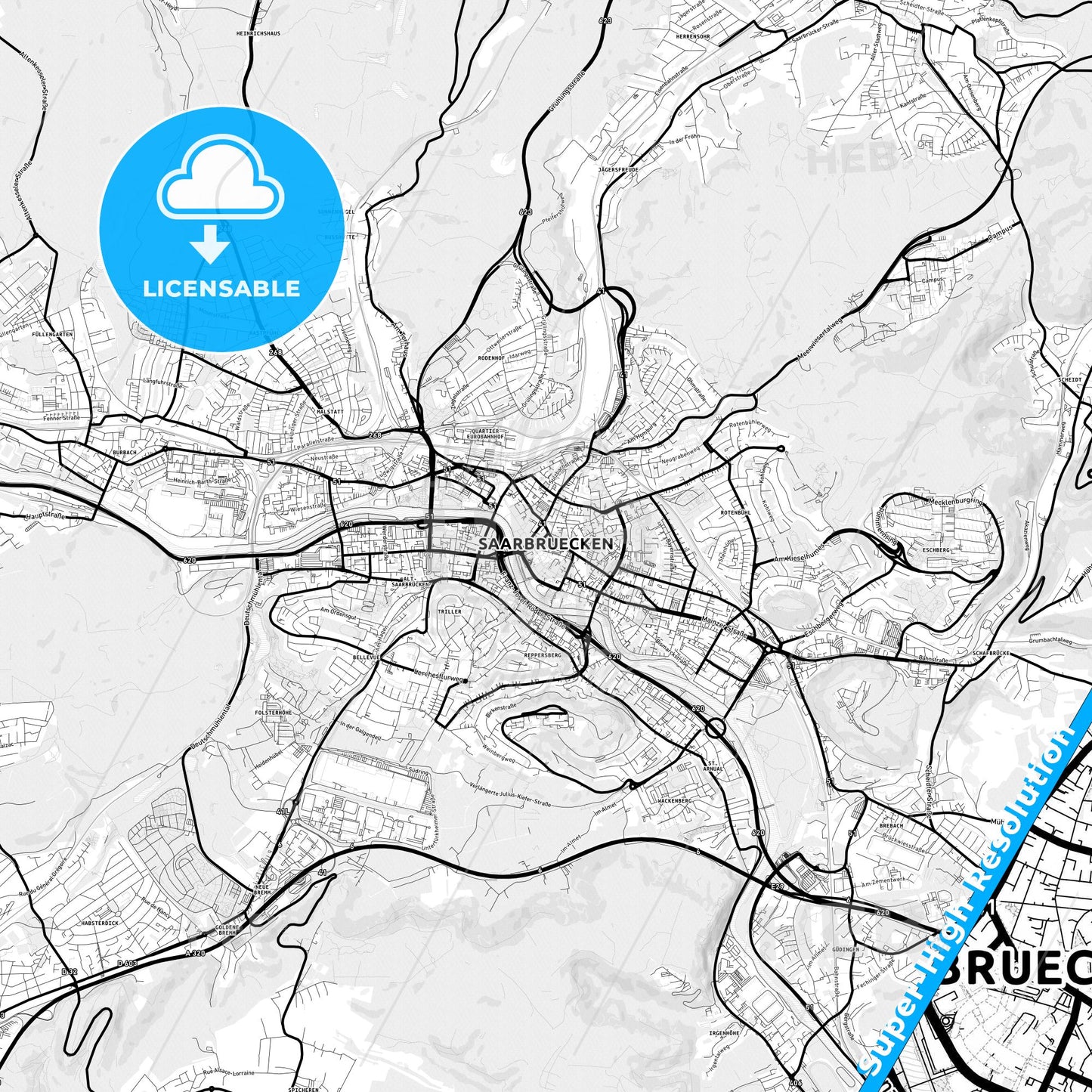 Saarbrucken, Germany Light Map with Street Names, City Names, and Districts