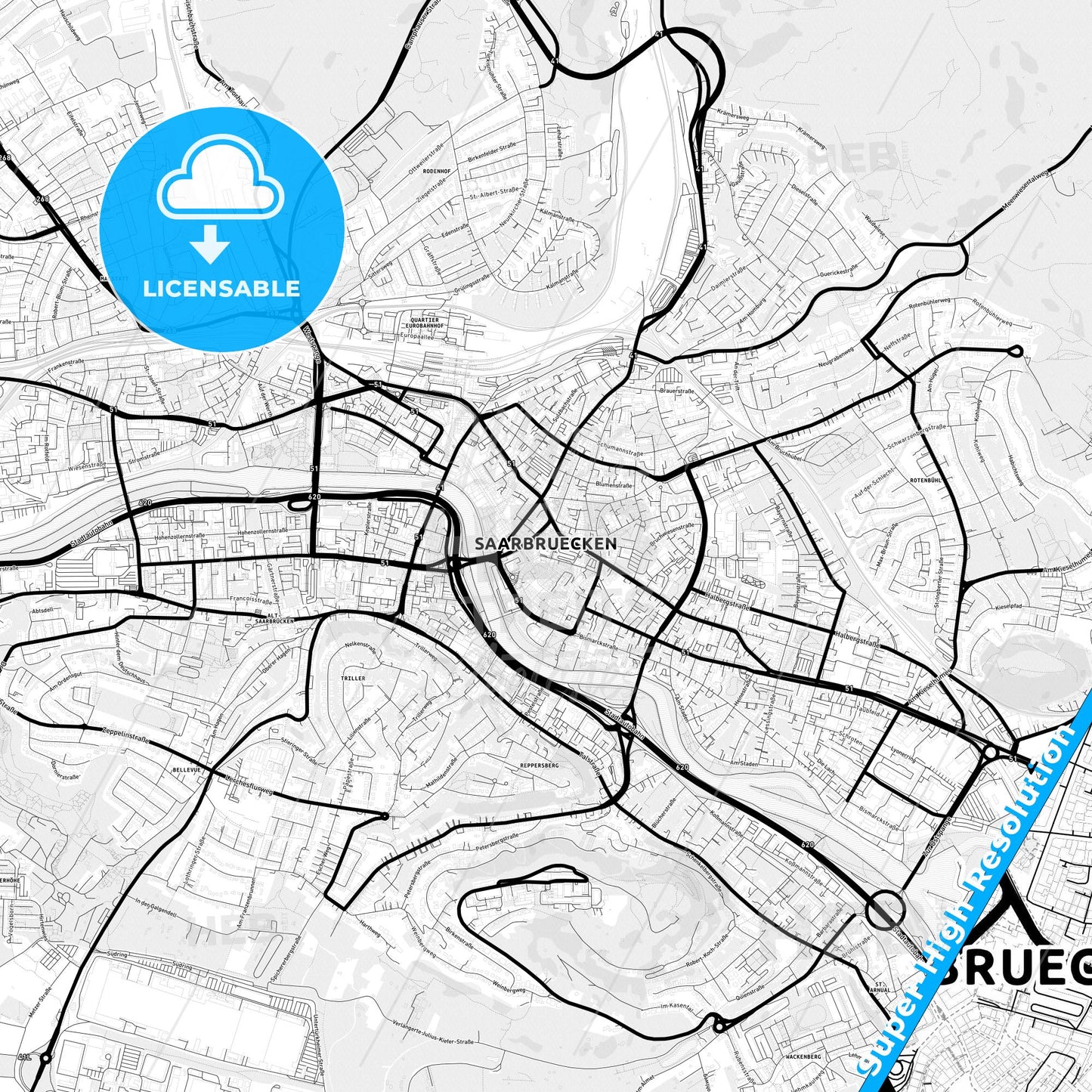 Saarbrucken, Germany Light Map with Street Names, City Names, and Districts