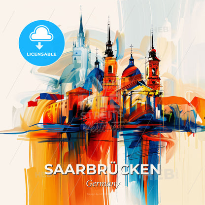 Vibrant Saarbrücken, Germany - A Painting Of A Building With Towers - Square format print template