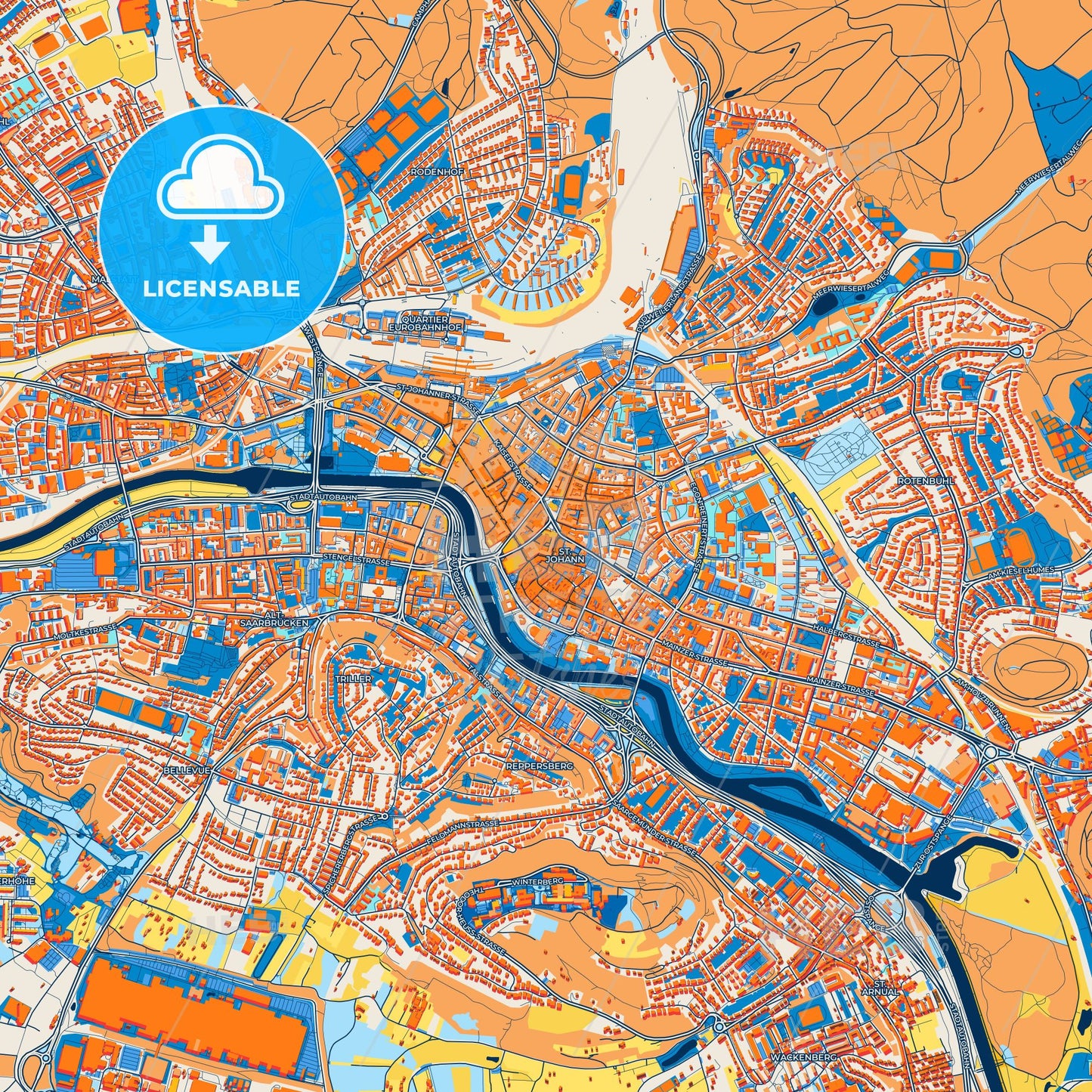 Colorful Saarbrucken Street Map with Labels and Buildings