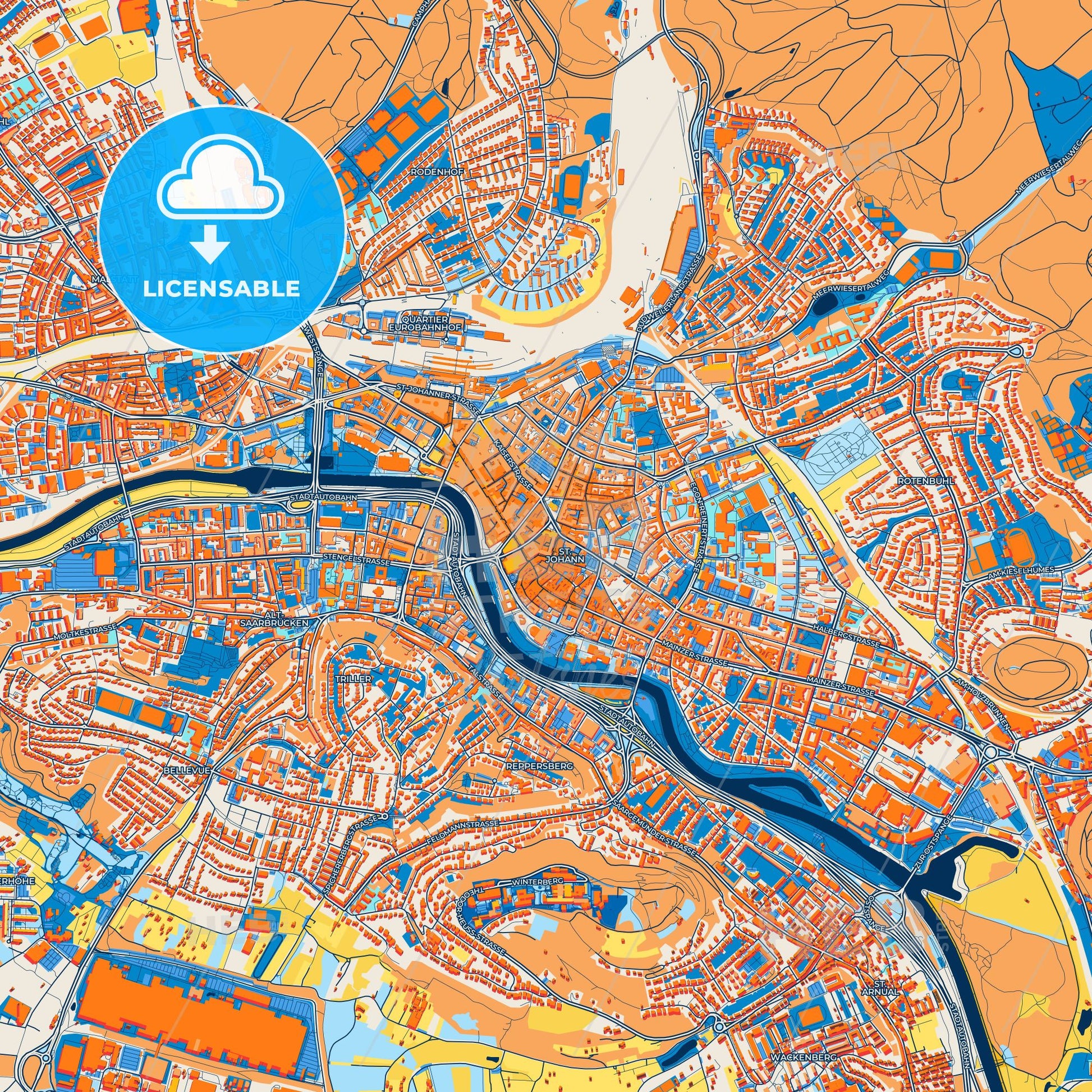 Colorful Saarbrucken Street Map with Labels and Buildings