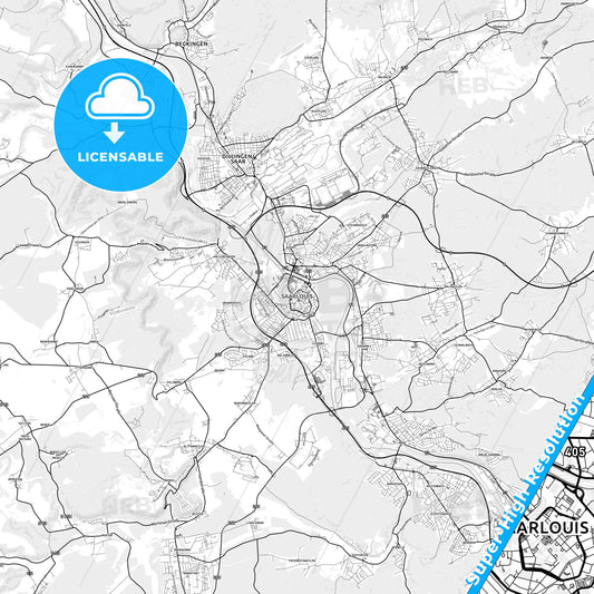 Saarlouis, Germany light map with streetnames, citynames and districts