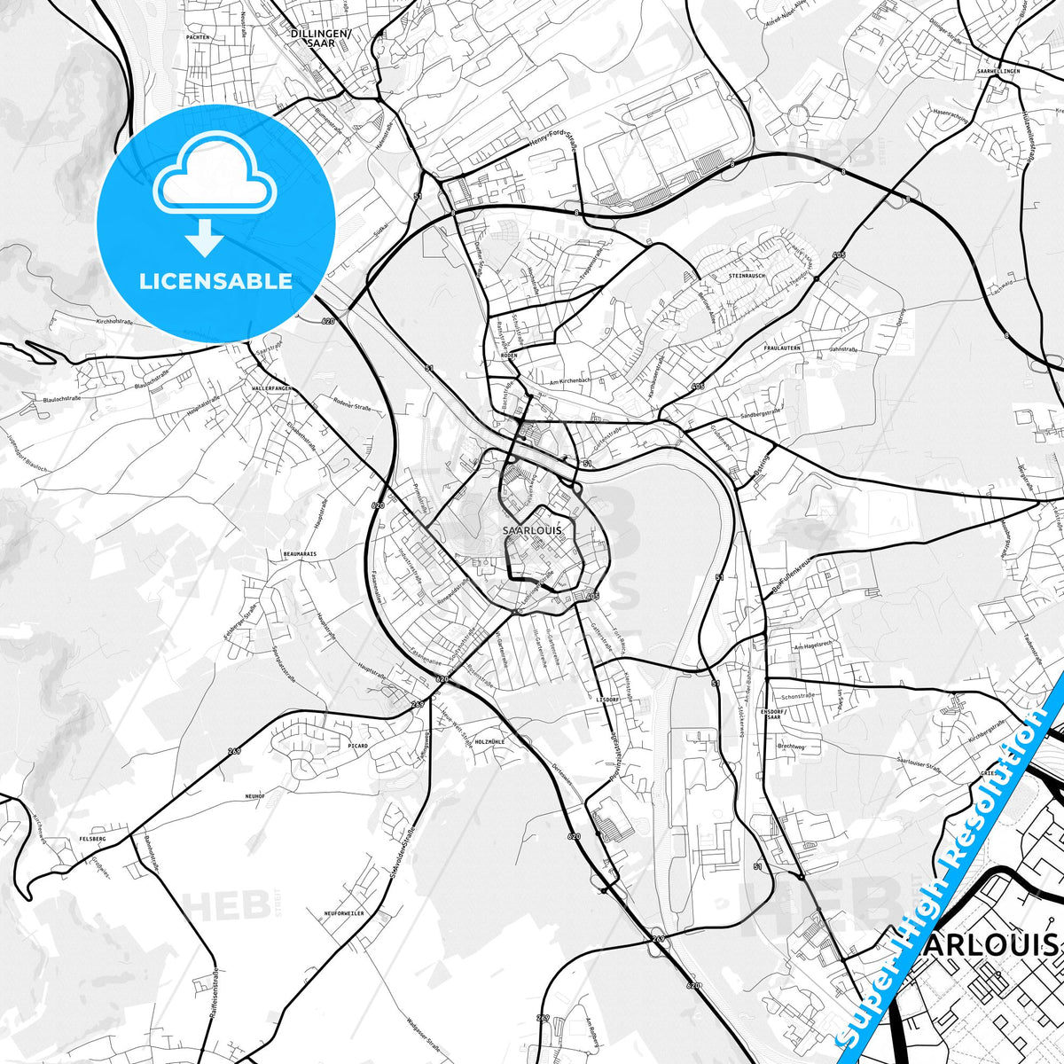 Saarlouis, Germany Light Map with Street Names, City Names, and Districts