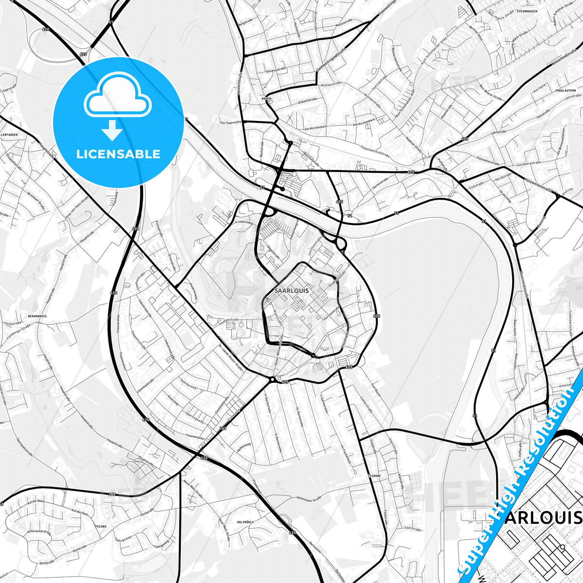 Saarlouis, Germany Light Map with Street Names, City Names, and Districts