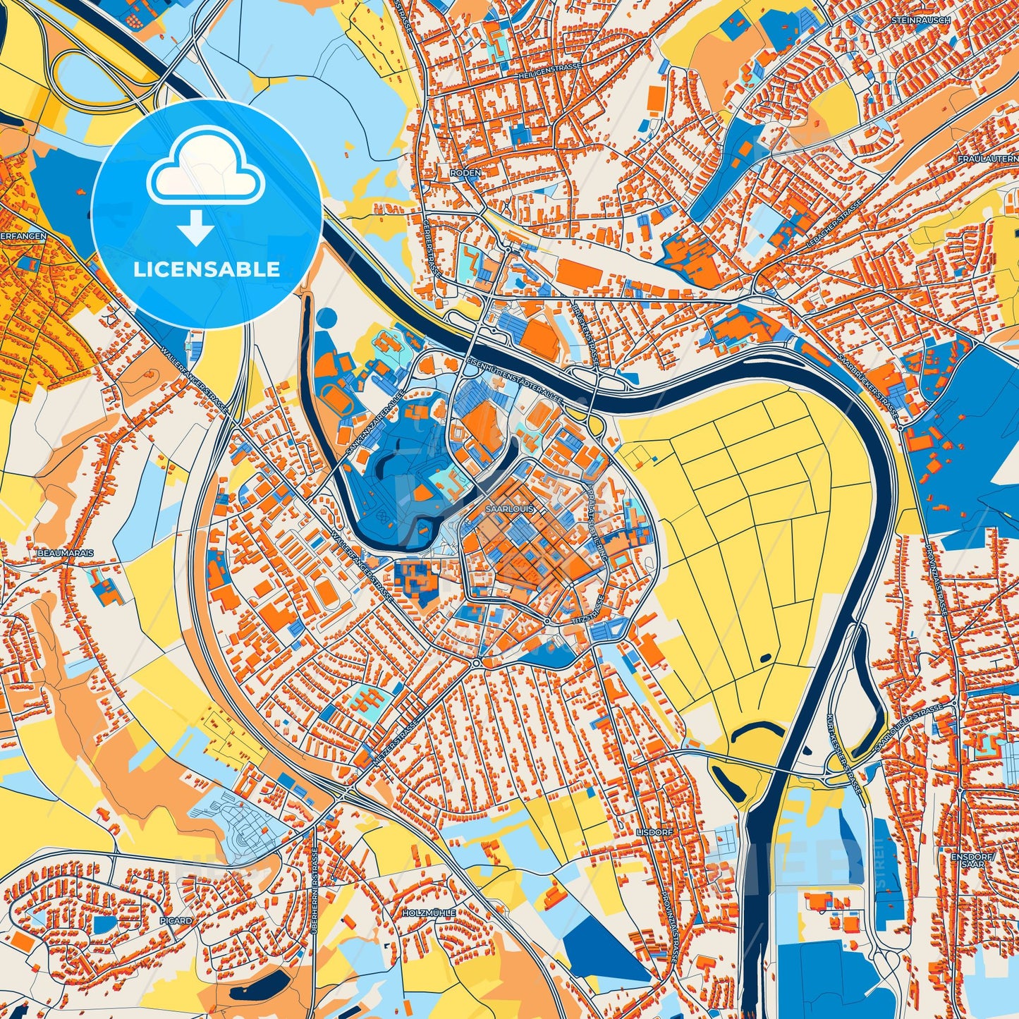Colorful Saarlouis Street Map with Labels and Buildings
