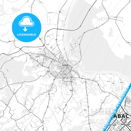 Šabac, Serbia light map with streetnames, citynames and districts